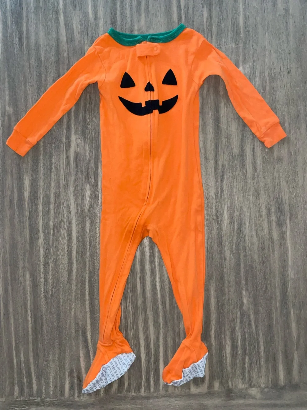 Carter's Orange Pumpkin Jack-O'-Lantern Footed One-Piece with Green Trim